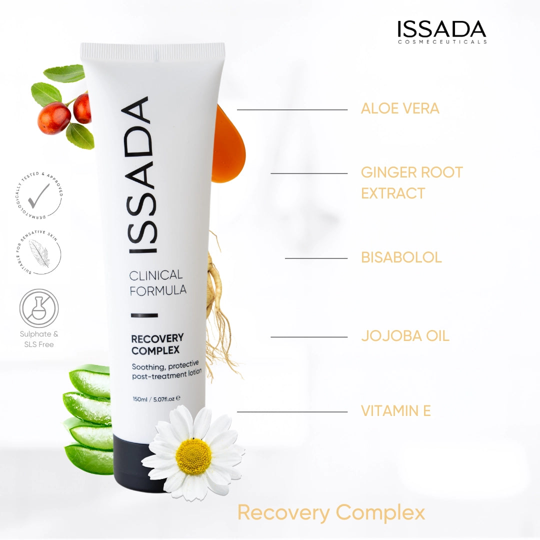 Issada Recovery Complex clinical formula tube displayed with natural ingredients like aloe vera, ginger root extract, bisabolol, jojoba oil, and vitamin E emphasizing its soothing and protective skincare benefits