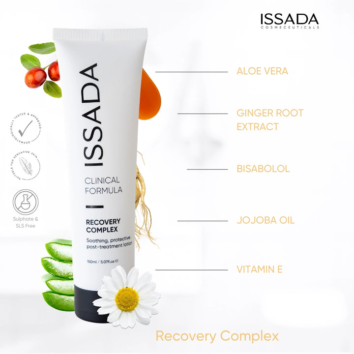 Issada Recovery Complex clinical formula tube displayed with natural ingredients like aloe vera, ginger root extract, bisabolol, jojoba oil, and vitamin E emphasizing its soothing and protective skincare benefits