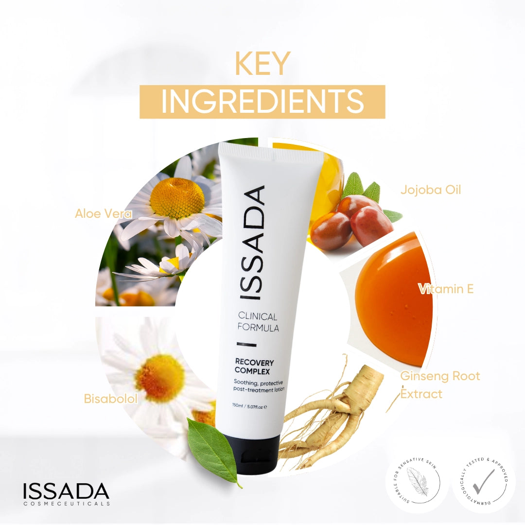 Issada Recovery Complex tube surrounded by key natural ingredients including aloe vera, jojoba oil, vitamin E, bisabolol, and ginseng root extract highlighting its soothing and restorative properties