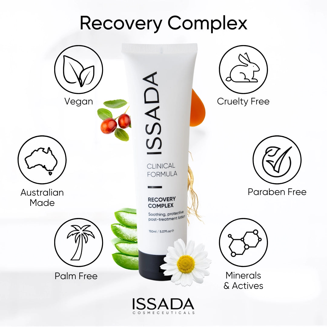 Issada Recovery Complex tube surrounded by icons showing its key features including vegan, cruelty free, Australian made, paraben free, palm free, and enriched with minerals and actives for soothing skin recovery