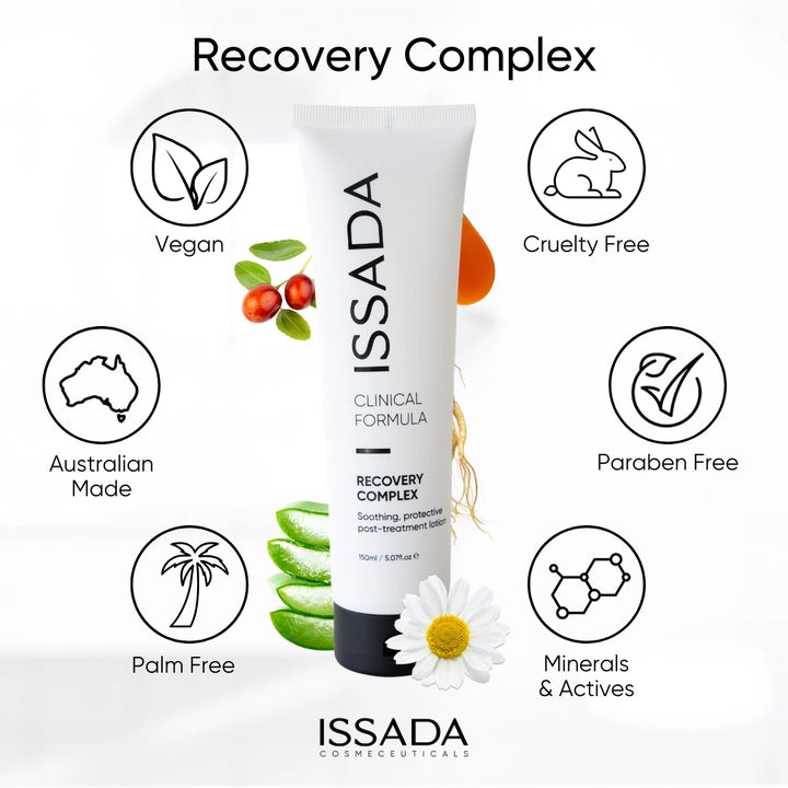 Issada Recovery Complex tube surrounded by icons showing its key features including vegan, cruelty free, Australian made, paraben free, palm free, and enriched with minerals and actives for soothing skin recovery