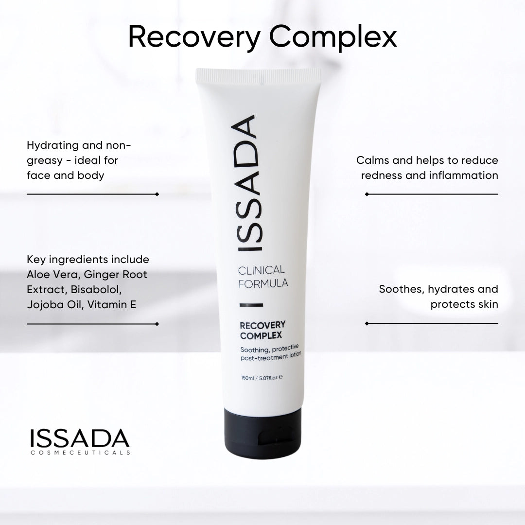 Issada Recovery Complex tube highlighting its hydrating, soothing, and calming benefits for face and body with key ingredients like aloe vera and vitamin E