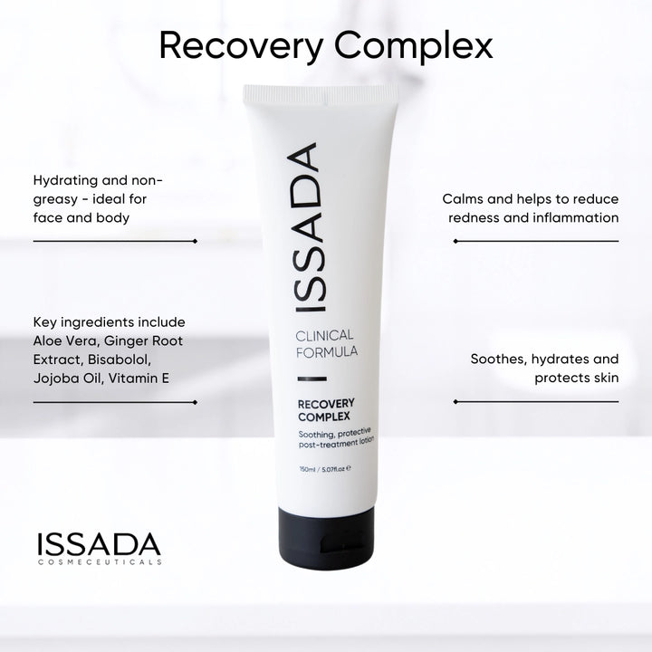 Issada Recovery Complex tube highlighting its hydrating, soothing, and calming benefits for face and body with key ingredients like aloe vera and vitamin E