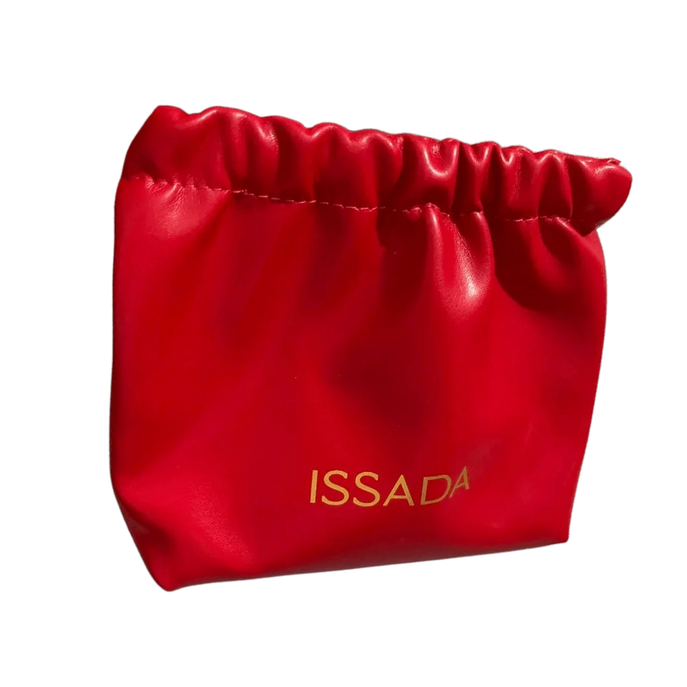 Issada Red Makeup Pouch – luxurious cosmetic bag with gold logo, perfect for storing beauty essentials and travel use