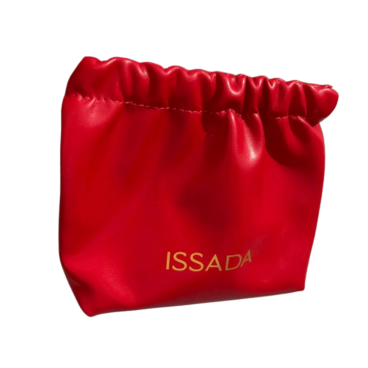 Issada Red Makeup Pouch – luxurious cosmetic bag with gold logo, perfect for storing beauty essentials and travel use