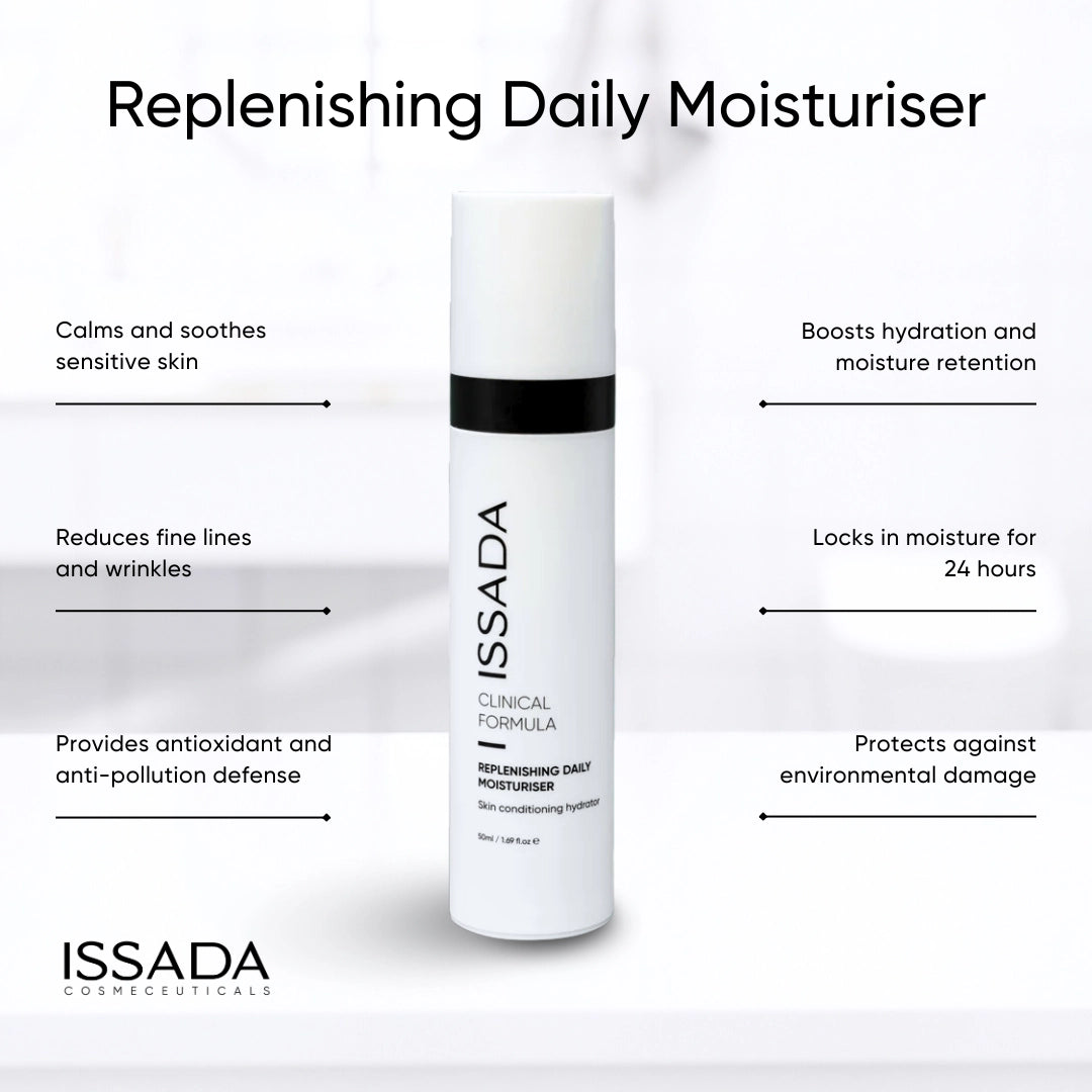 Issada Replenishing Daily Moisturiser highlighting hydration, moisture retention, and skin protection benefits.