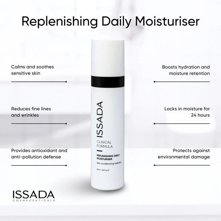 Issada Replenishing Daily Moisturiser highlighting hydration, moisture retention, and skin protection benefits.