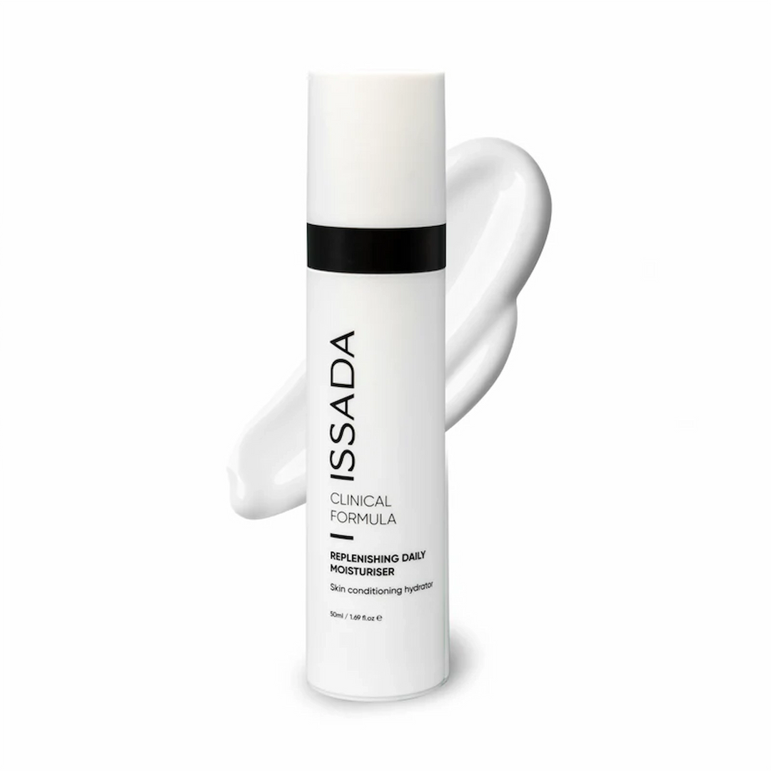 ISSADA Replenishing Daily Moisturiser bottle with cream swatch on a white background