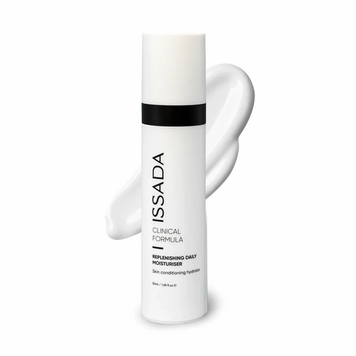 ISSADA Replenishing Daily Moisturiser bottle with cream swatch on a white background