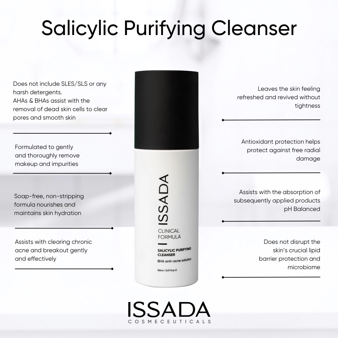 Issada Salicylic Purifying Cleanser with text detailing product benefits such as gentle cleansing, acne control, hydration maintenance, antioxidant protection, and pH balance.