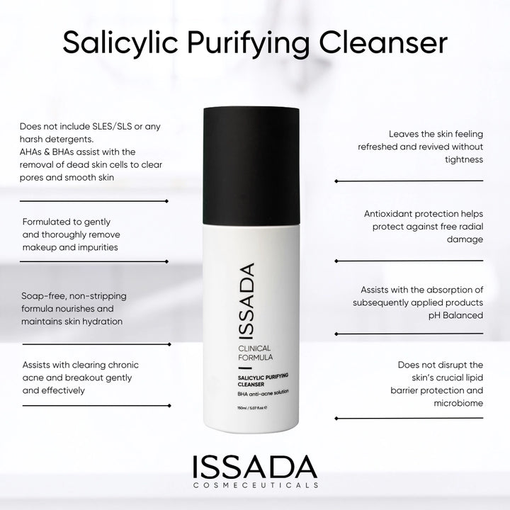Issada Salicylic Purifying Cleanser with text detailing product benefits such as gentle cleansing, acne control, hydration maintenance, antioxidant protection, and pH balance.