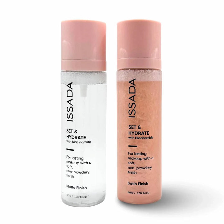 Two bottles of ISSADA Set & Hydrate setting spray with niacinamide on a white background