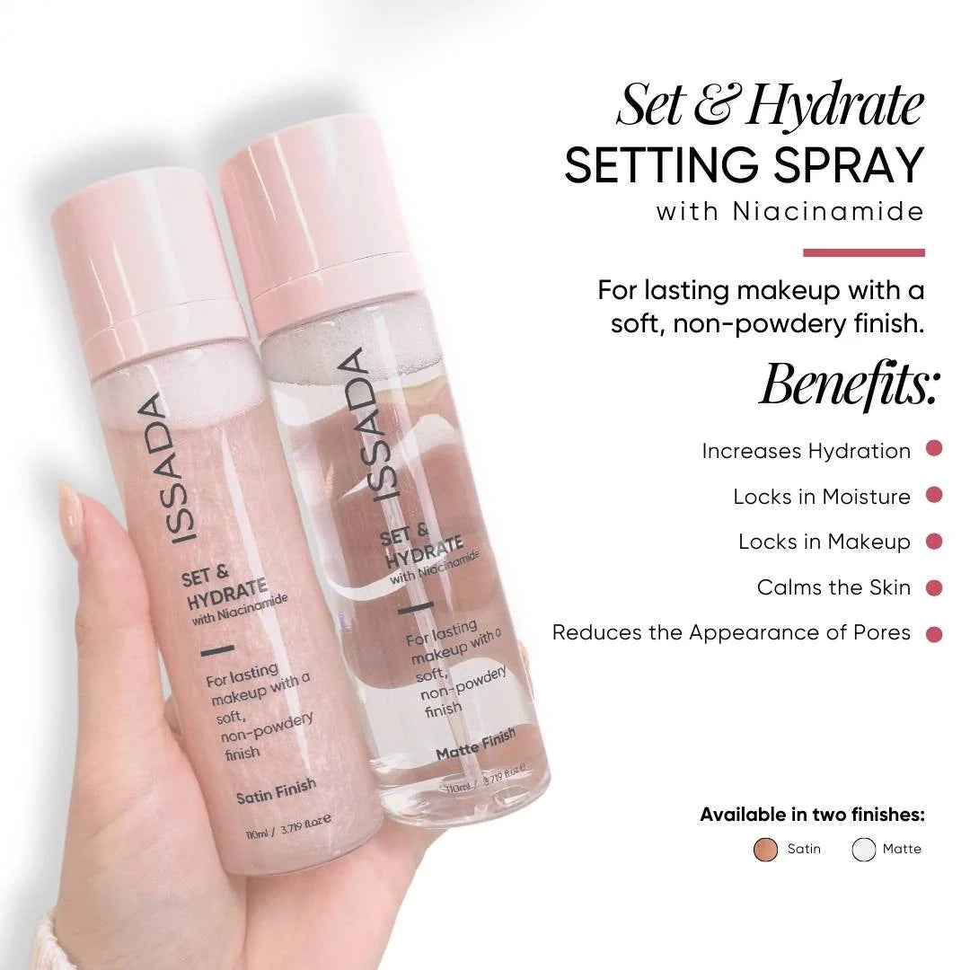 Two bottles of ISSADA Set and Hydrate setting spray held by a hand with product details on a white background.