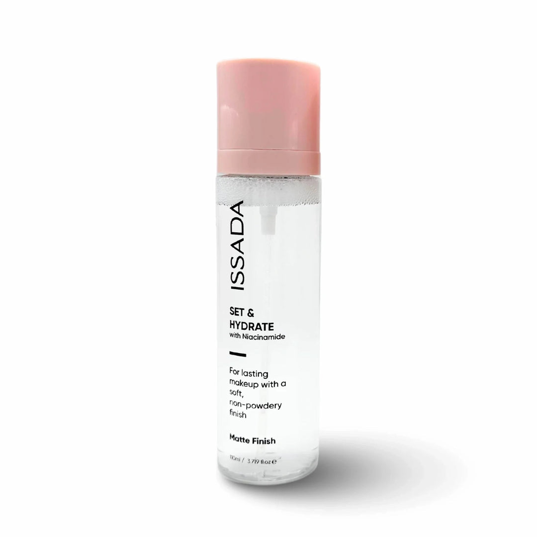 ISSADA Set & Hydrate setting spray matte finish with niacinamide for long-lasting makeup on a white background