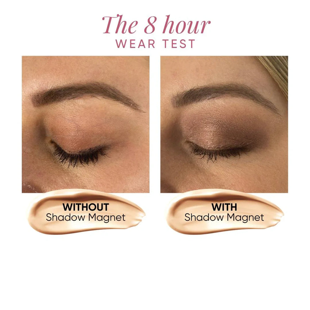 Before and after 8-hour wear test with Issada Shadow Magnet primer, eyeshadow without vs with primer