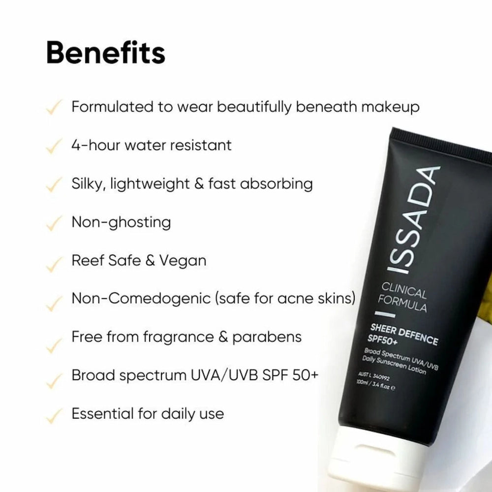 ISSADA Sheer Defence spf50+ sunscreen bottle with benefits listed on a white background