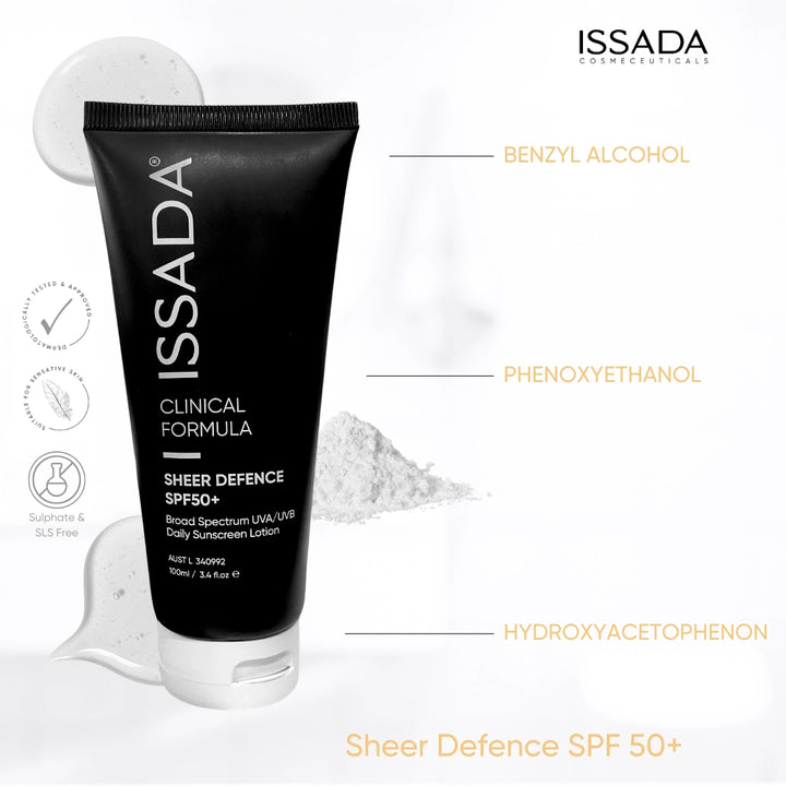 Issada Sheer Defence SPF50+ sunscreen tube with labeled ingredients Benzyl Alcohol, Phenoxyethanol, and Hydroxyacetophenon.
