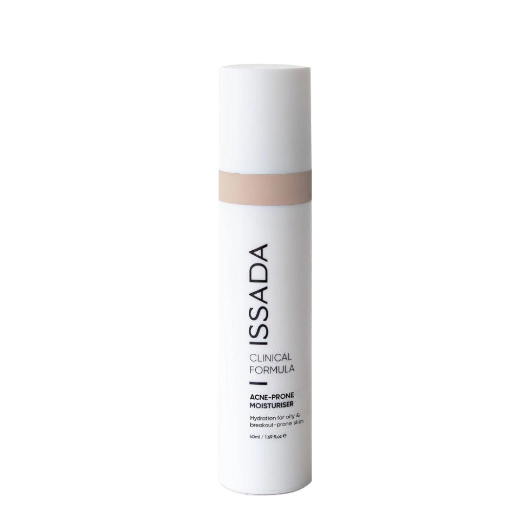 ISSADA Clinical Formula Acne-Prone Moisturiser, a lightweight hydrating formula designed to balance and calm oily or breakout-prone skin.