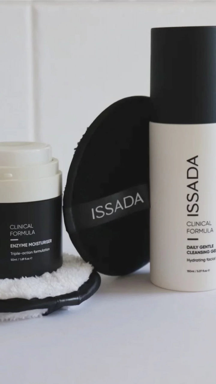 ISSADA Clinical Formula Daily Gentle Cleansing Gel and Enzyme Moisturiser with reusable cleansing pads for hydrating skincare routine.
