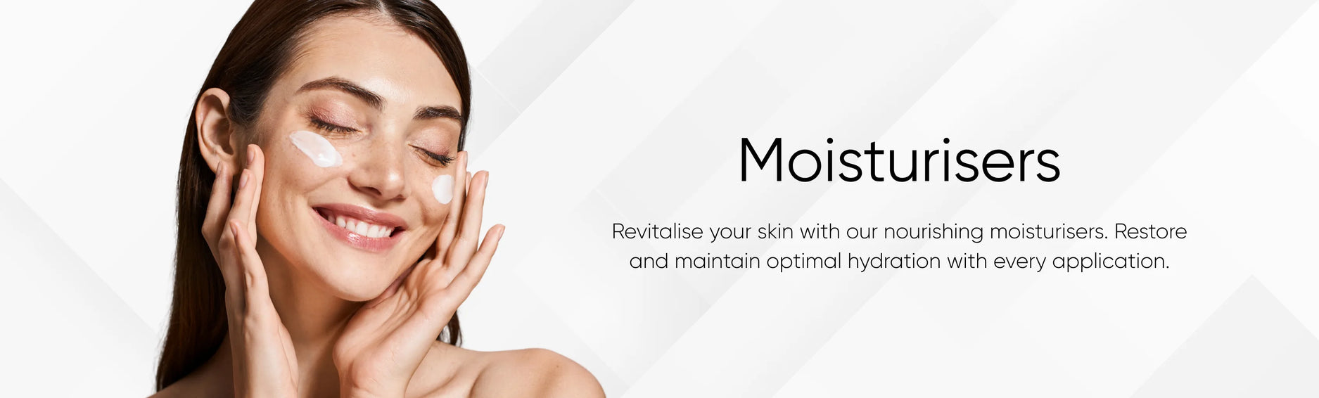 Close-up of a woman applying moisturiser with text about nourishing moisturisers on a white background