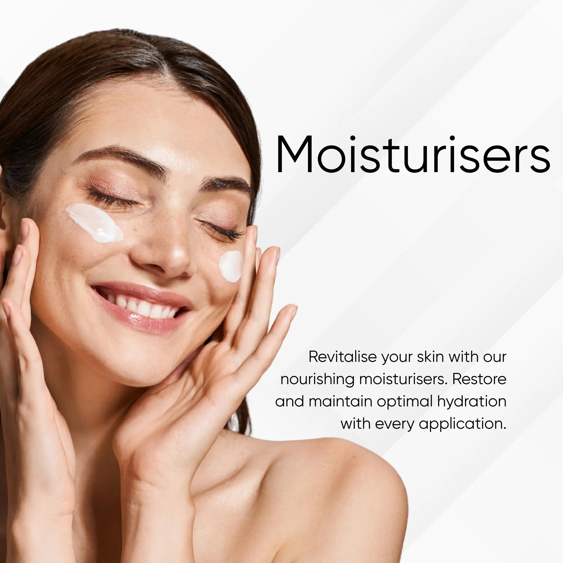 Woman applying moisturiser to face, highlighting hydrating skincare routine with text about nourishing moisturisers on a white background