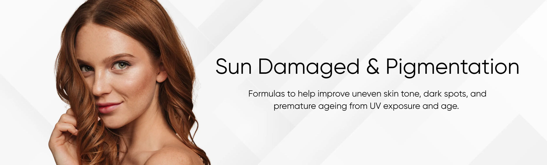 Woman with sun damaged and pigmentation issues on a white background