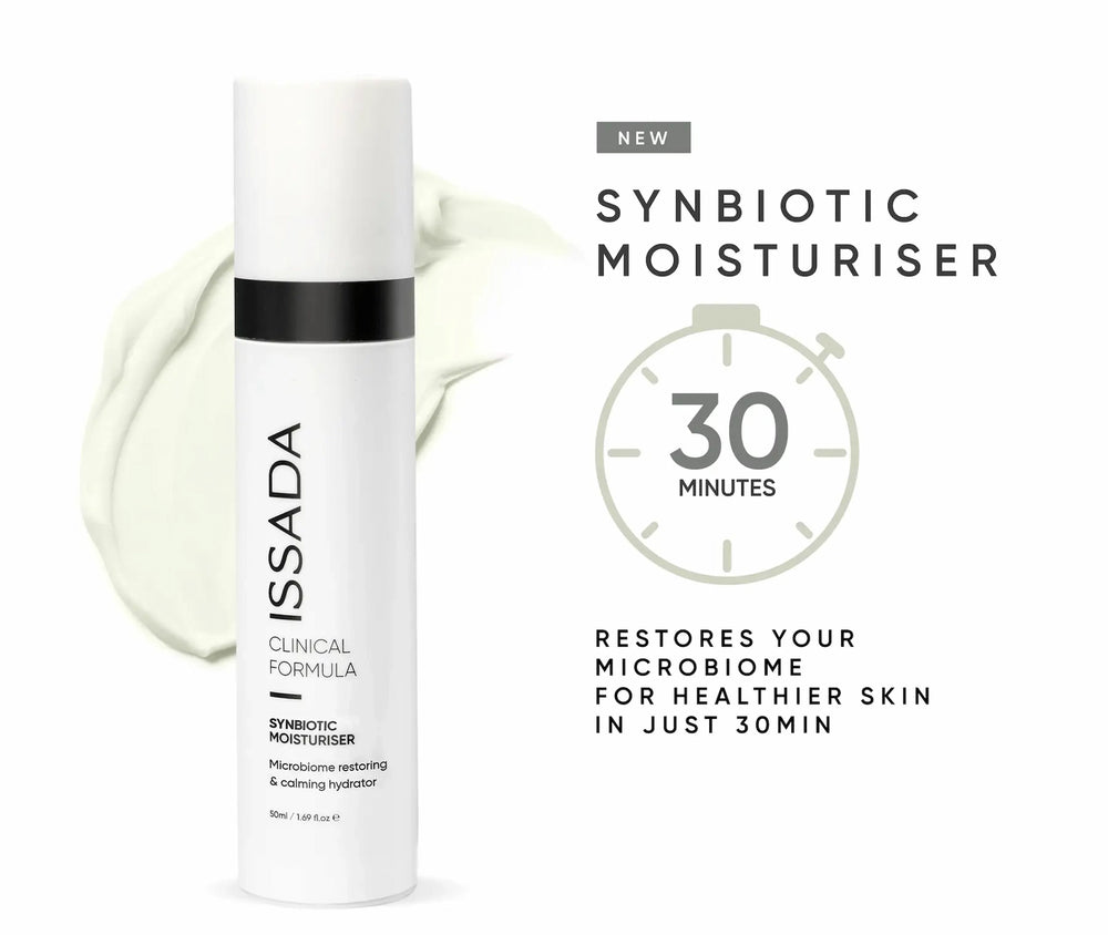 ISSADA Synbiotic Moisturiser bottle with text highlighting microbiome restoration for healthier skin in just 30 minutes.