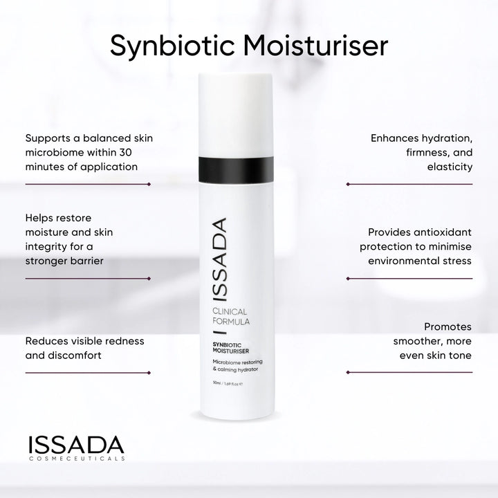 Issada Synbiotic Moisturiser with benefits highlighting hydration, firmness, barrier repair, redness reduction, and balanced skin microbiome.