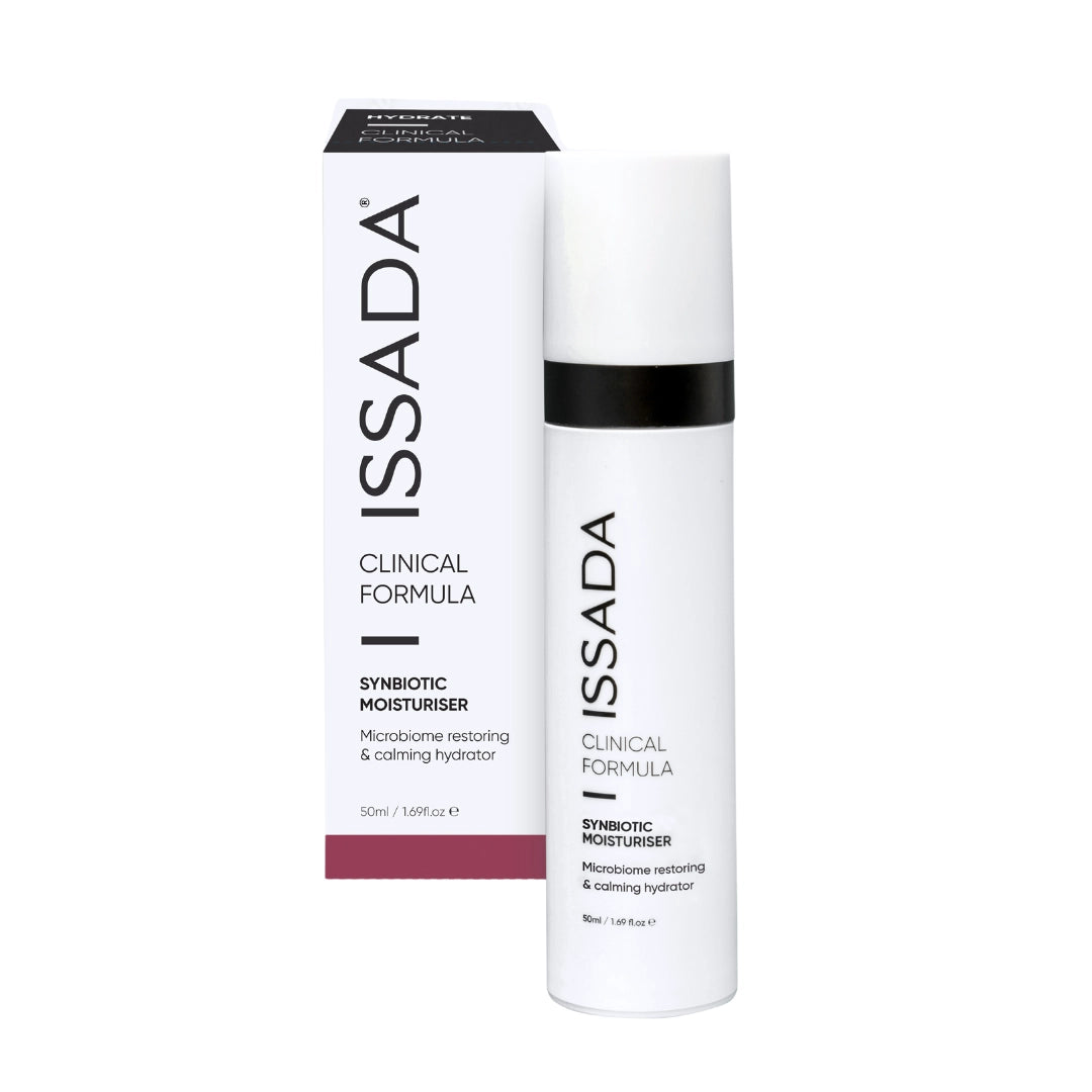 Issada Synbiotic Moisturiser bottle with box packaging, a microbiome-restoring and calming hydrator from the Clinical Formula range.