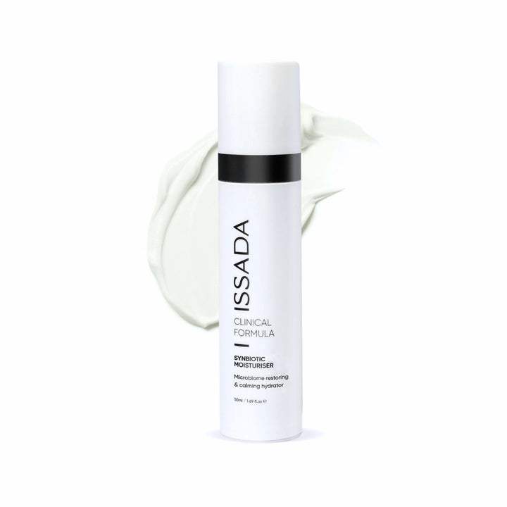 Issada Synbiotic Moisturiser with cream swatch, a microbiome-restoring and calming hydrator.