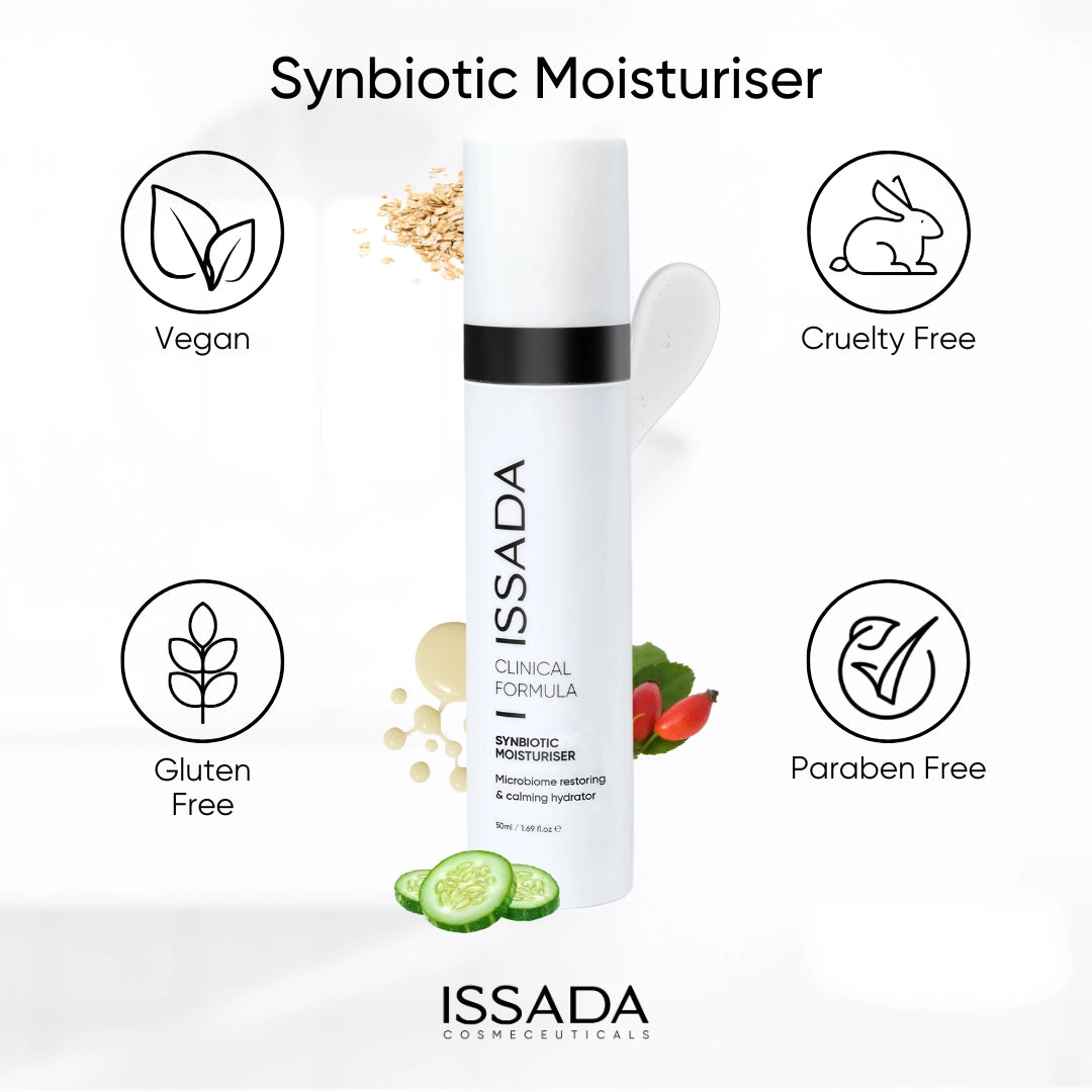 Issada Synbiotic Moisturiser with icons showing it is vegan, cruelty free, gluten free, and paraben free.