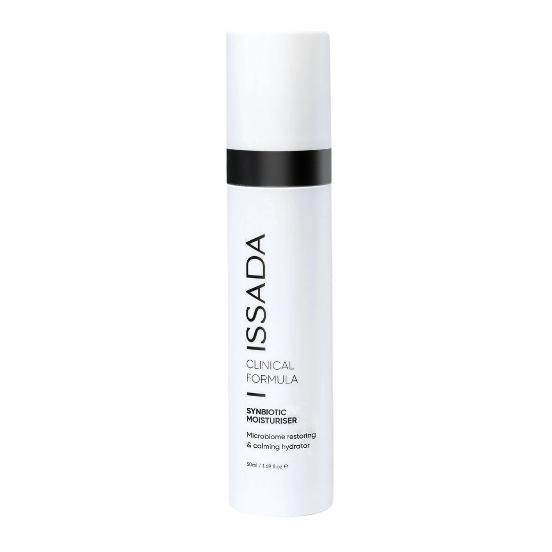 Issada Synbiotic Moisturiser in white bottle packaging, a calming and hydrating formula that supports the skin’s microbiome.