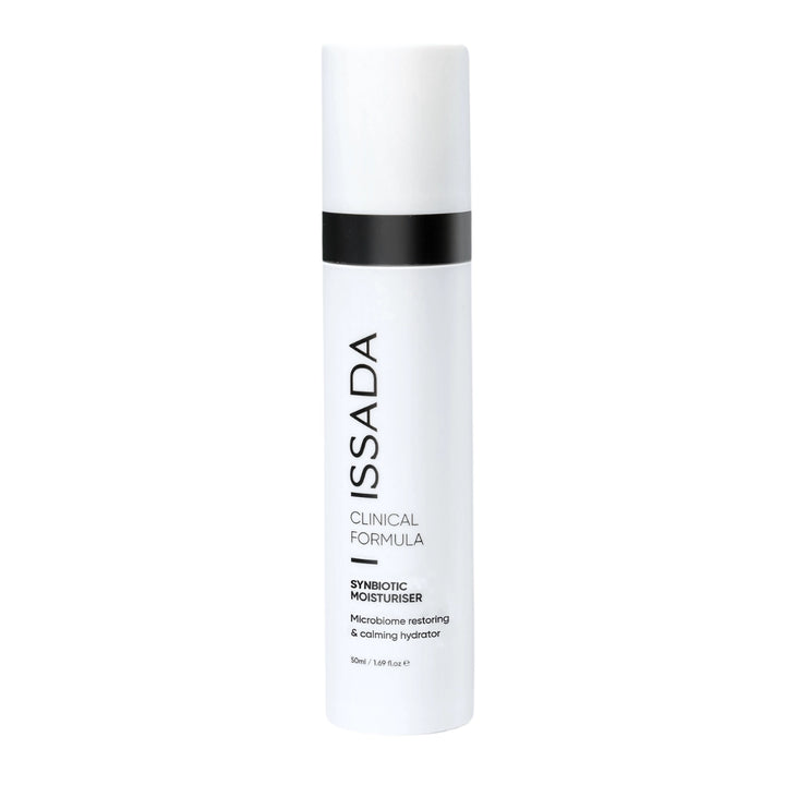 Issada Synbiotic Moisturiser in white bottle packaging, a calming and hydrating formula that supports the skin’s microbiome.
