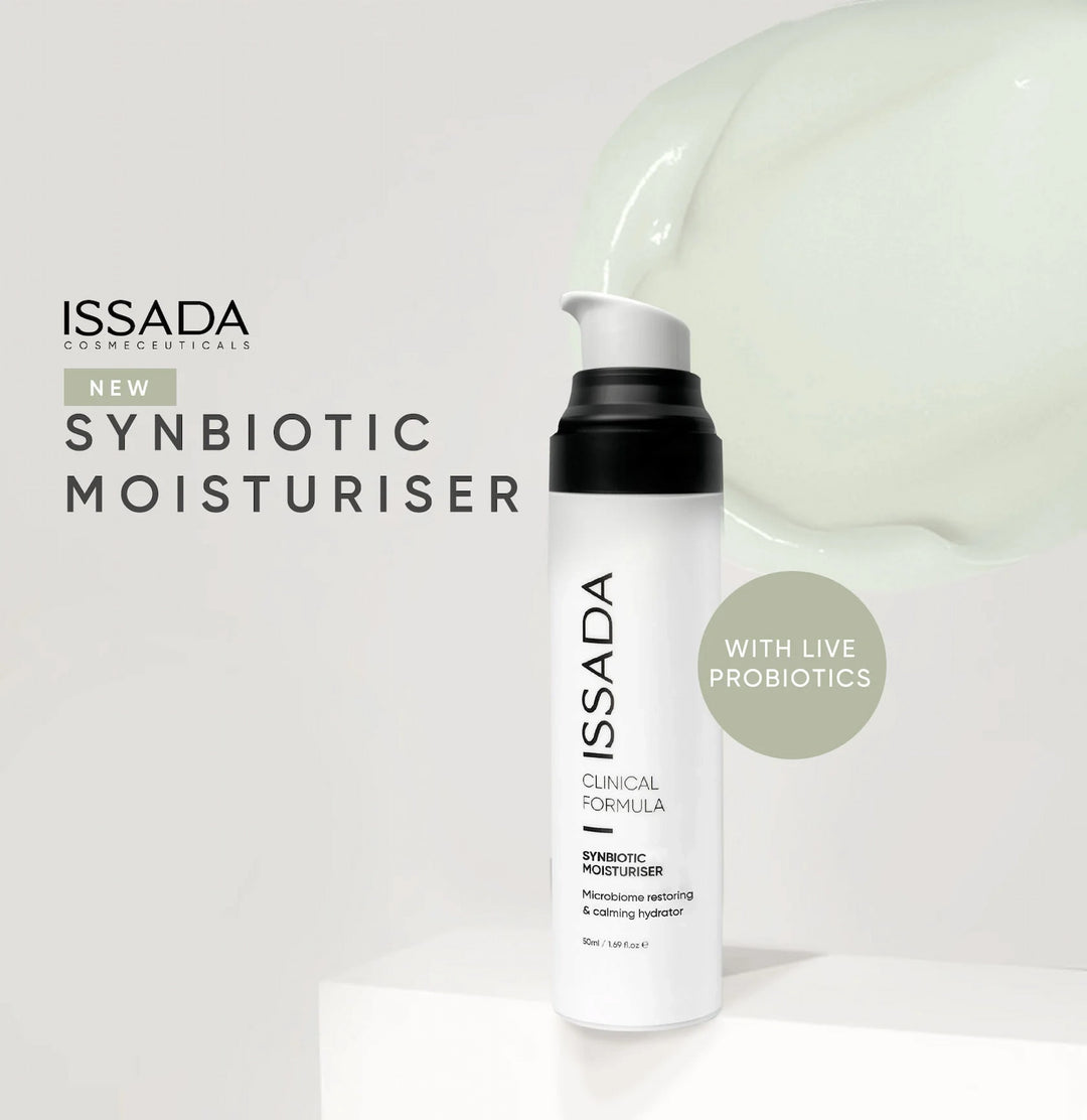 ISSADA Synbiotic Moisturiser with text highlighting live probiotics for microbiome restoration and hydration.