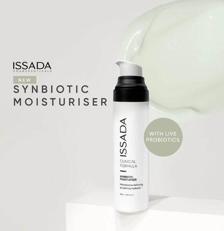 ISSADA Synbiotic Moisturiser with text highlighting live probiotics for microbiome restoration and hydration.