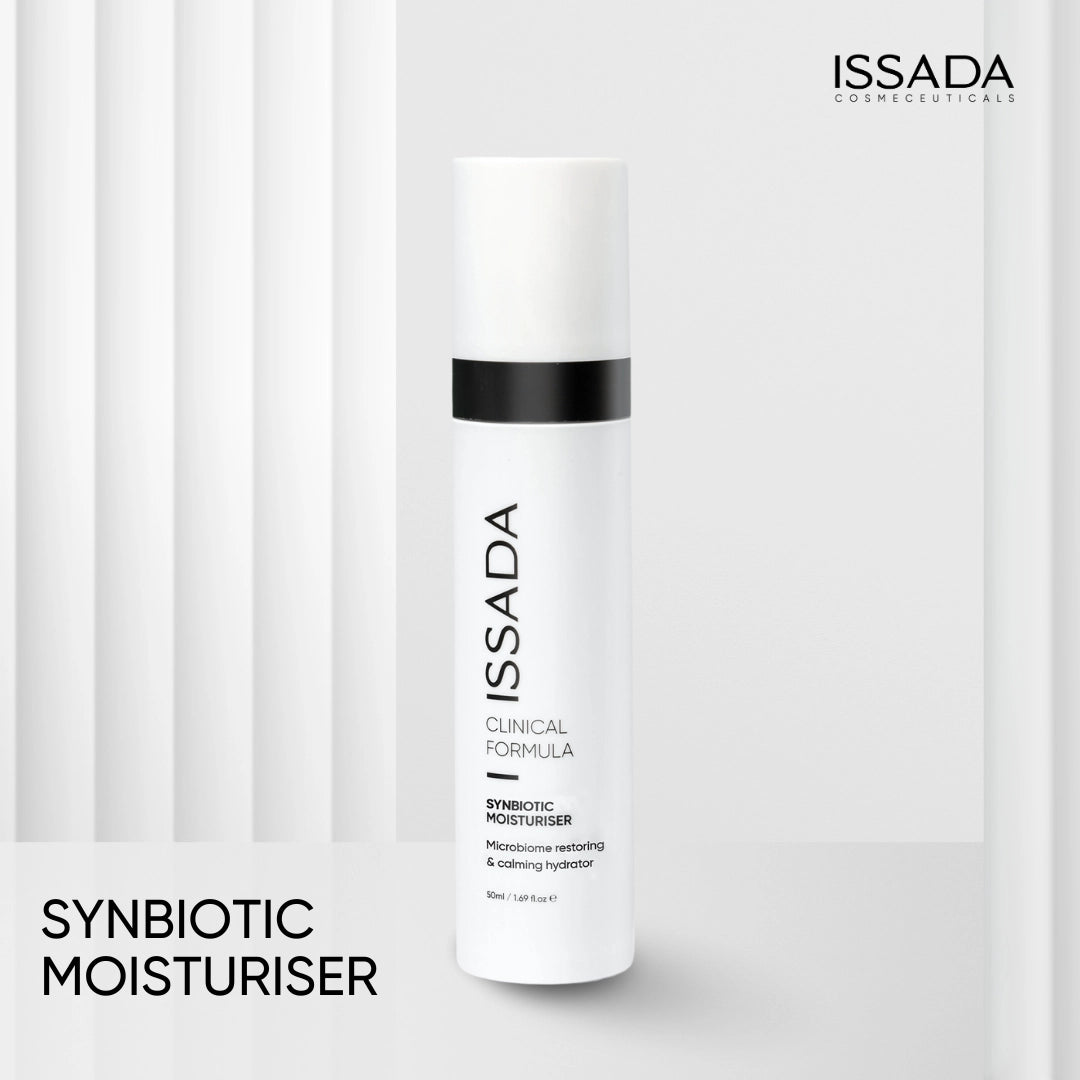 Issada Synbiotic Moisturiser bottle standing on a minimal background with product name and logo displayed.