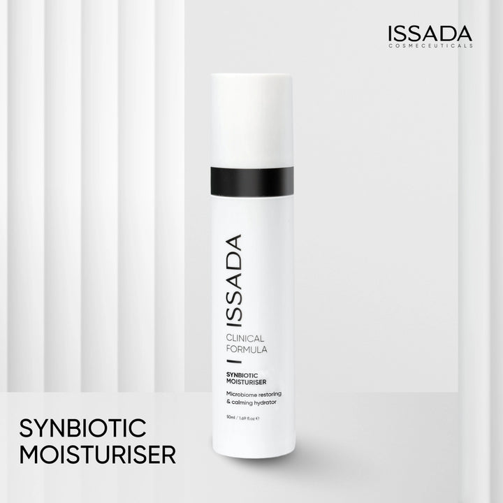 Issada Synbiotic Moisturiser bottle standing on a minimal background with product name and logo displayed.