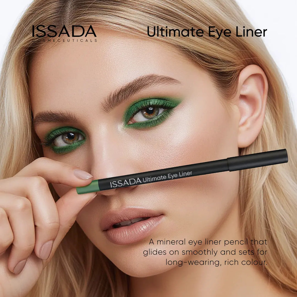 Woman applying green eye liner with ISSADA Ultimate Eye Liner pencil on a white background