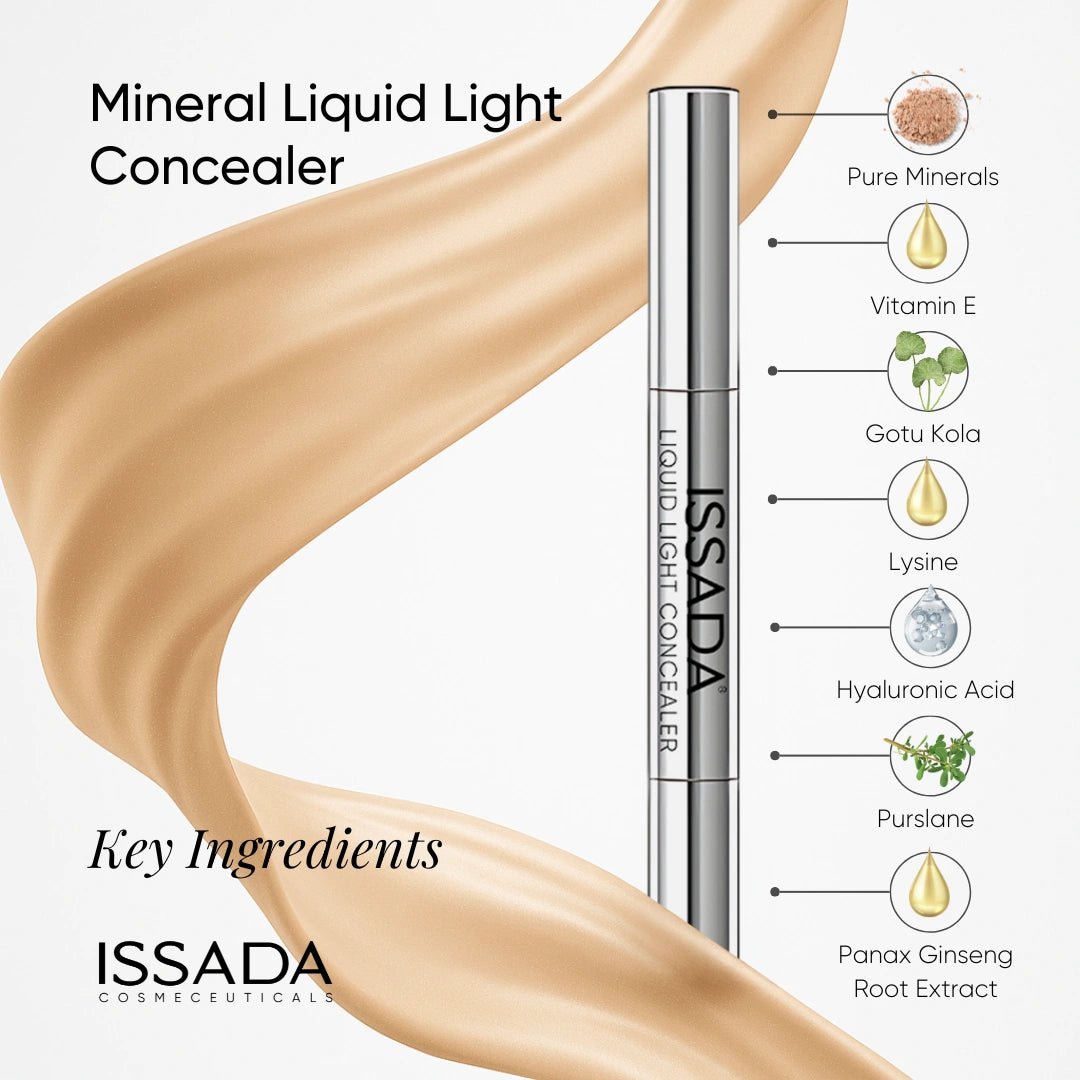 Issada Liquid Light Concealer Vanilla shade with key ingredients including pure minerals, vitamin E, hyaluronic acid, and botanical extracts for brightening and hydration