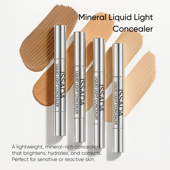 Issada Liquid Light Concealer Vanilla shade range displayed with creamy swatches, showing lightweight mineral formula that brightens, hydrates, and corrects for sensitive skin