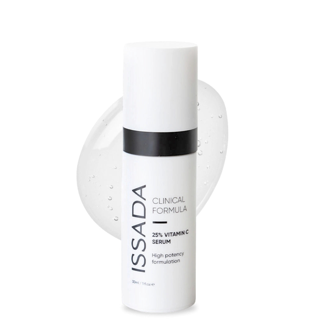 Issada Clinical Formula 25% Vitamin C Serum bottle with clear gel swatch in the background, highlighting its potent brightening formula.