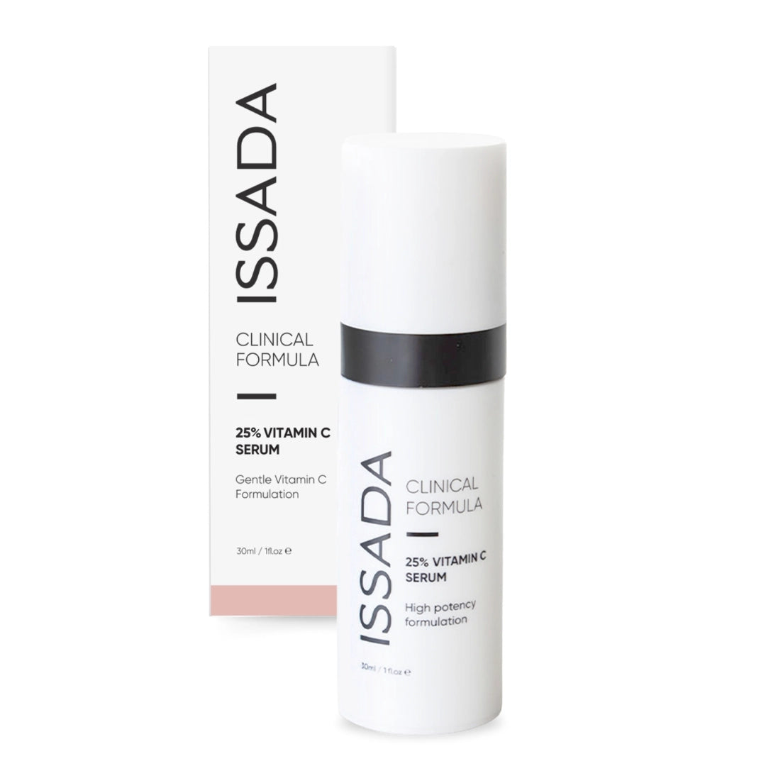 Issada 25% Vitamin C Serum bottle with its packaging box, showcasing gentle high-potency vitamin C formulation.