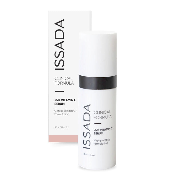 Issada 25% Vitamin C Serum bottle with its packaging box, showcasing gentle high-potency vitamin C formulation.