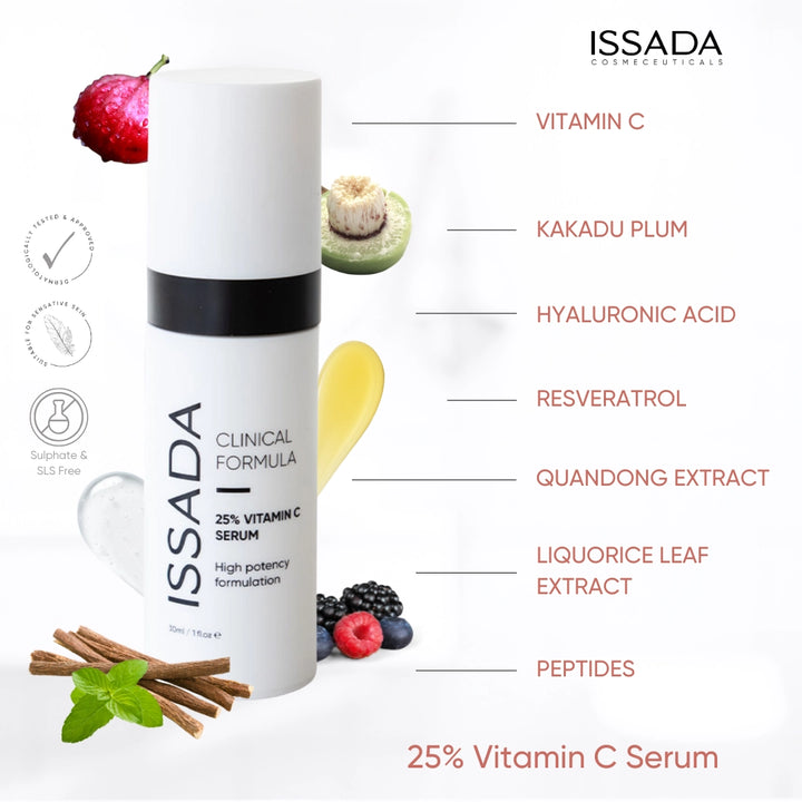 Issada 25% Vitamin C Serum bottle with highlighted key ingredients including Kakadu plum, hyaluronic acid, resveratrol, and peptides.