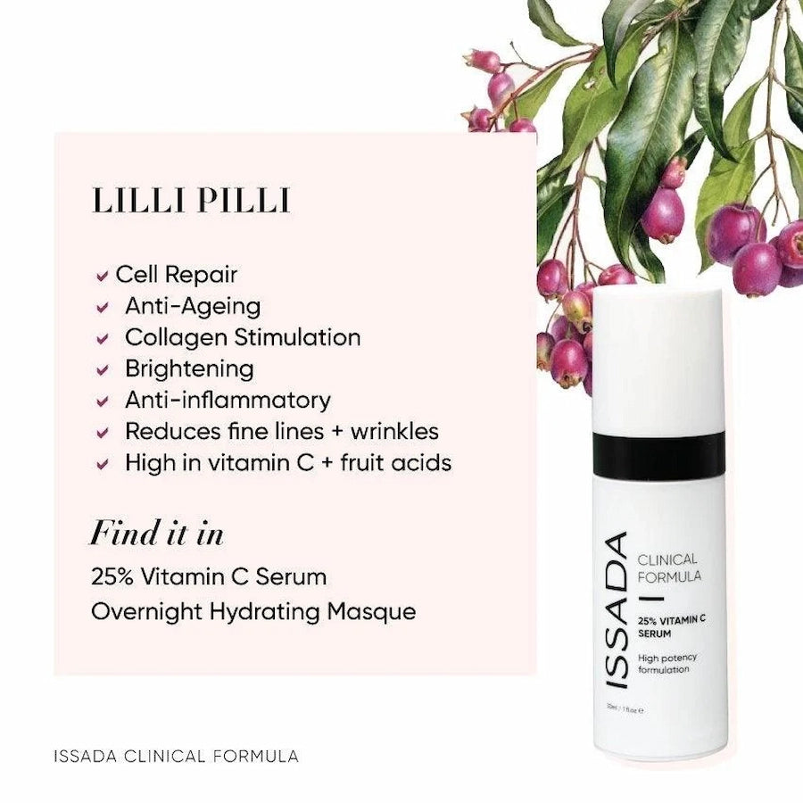 ISSADA 25% Vitamin C Serum bottle beside Lilli Pilli fruit illustration, highlighting anti-ageing, brightening, and collagen support benefits.