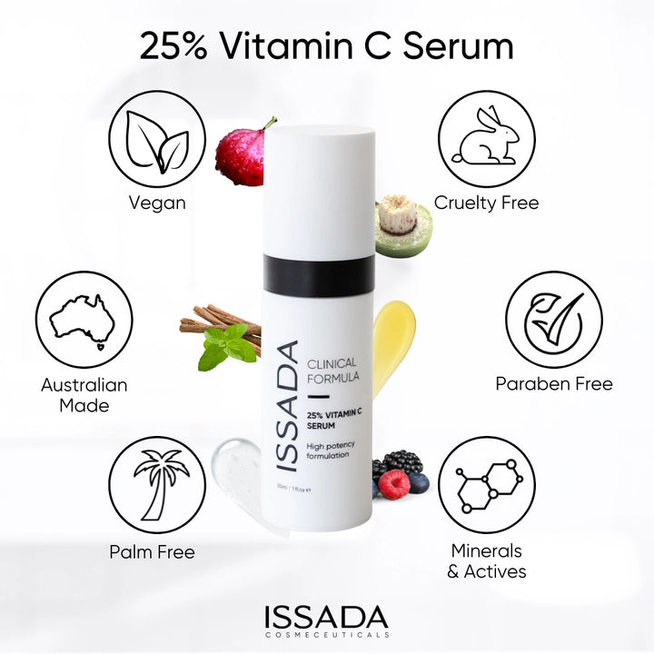 Issada 25% Vitamin C Serum bottle surrounded by icons highlighting its vegan, cruelty-free, paraben-free, palm-free, and Australian-made formulation.