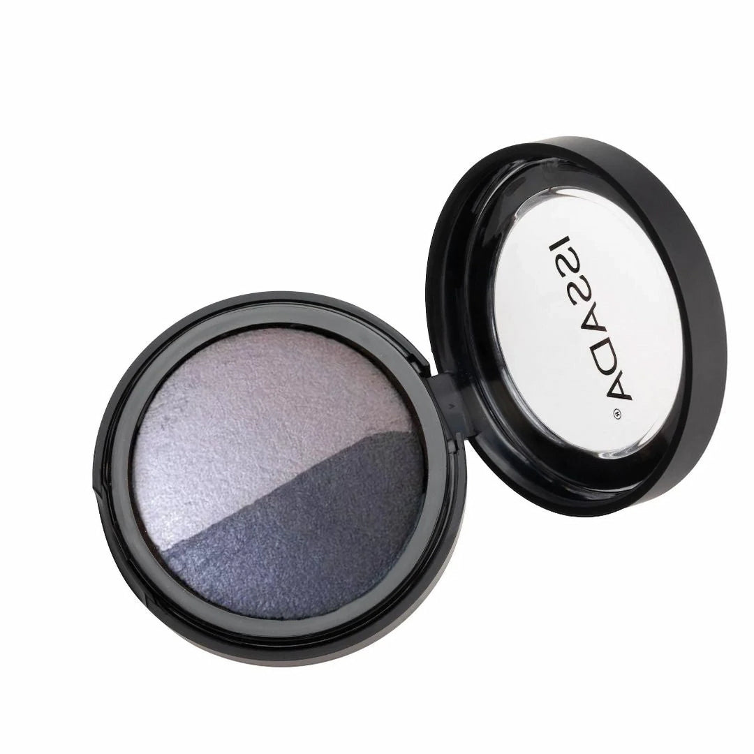 ISSADA Mineral Baked Eye Shadow 2HOT duo with lilac and deep plum shades in open compact on a white background