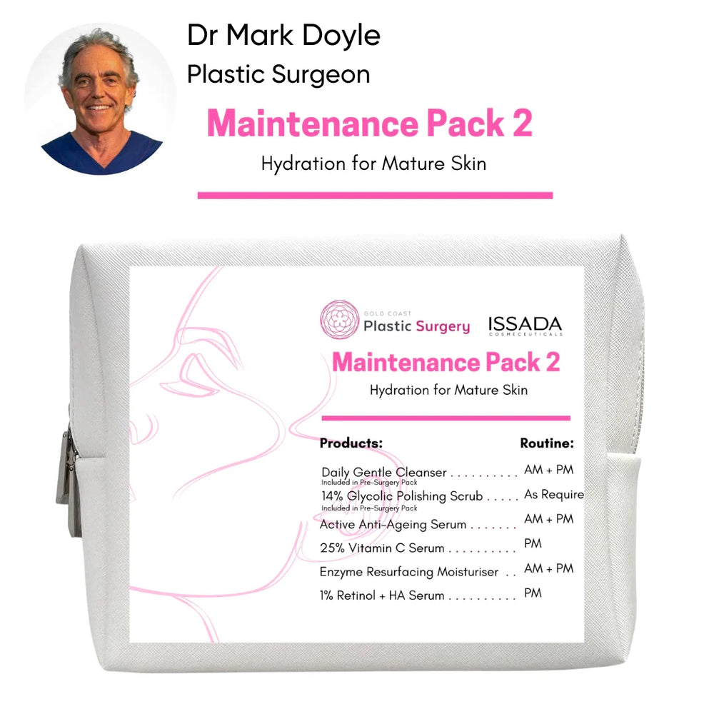 Issada Maintenance Pack 2 routine chart for mature skin hydration, showing cleanser, glycolic scrub, anti-ageing serum, vitamin C serum, enzyme moisturiser, and retinol serum with Dr Mark Doyle.