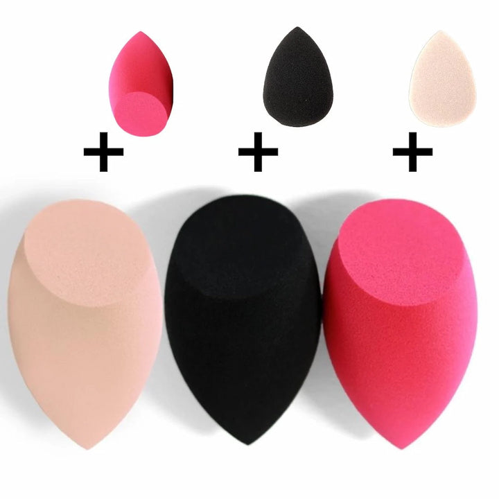 Issada makeup sponge set with three large beauty blenders in pink, black, and nude, plus three mini sponges for flawless foundation blending.