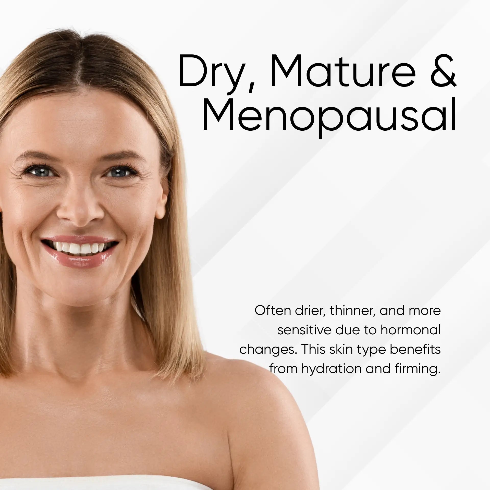 Close-up of smiling mature woman for menopausal skincare highlighting hydration and firming benefits